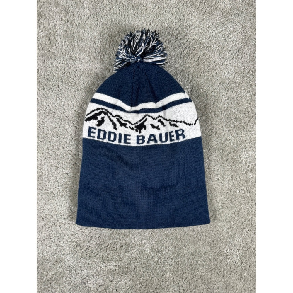 Eddie Bauer Navy Blue White Mountain Graphic Pom Beanie Knit Hat One Size
